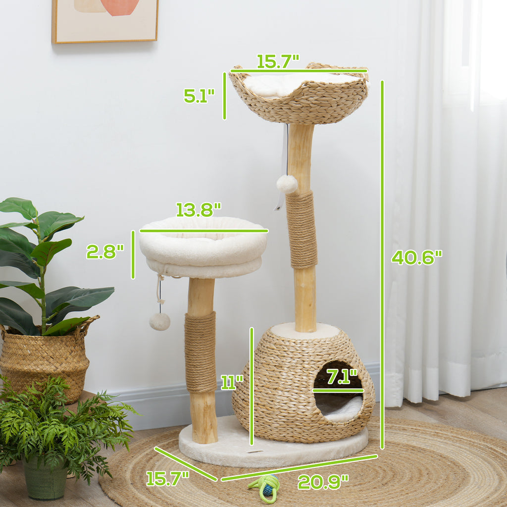 41" Cat Tree for Indoor Cats with Wooden Cat Scratching Posts, Cat Condo, Cat Beds & Toy Balls, Cream White