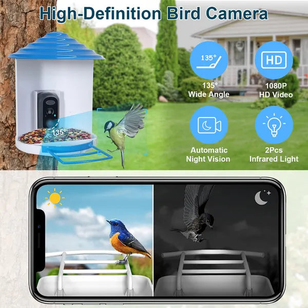 Smart Bird Feeder With Solar Powered Camera 1080P HD AI Identify PIR Motion Auto Capture Video Cloud Card Storage WiFi Connection App Control IP65 Waterproof