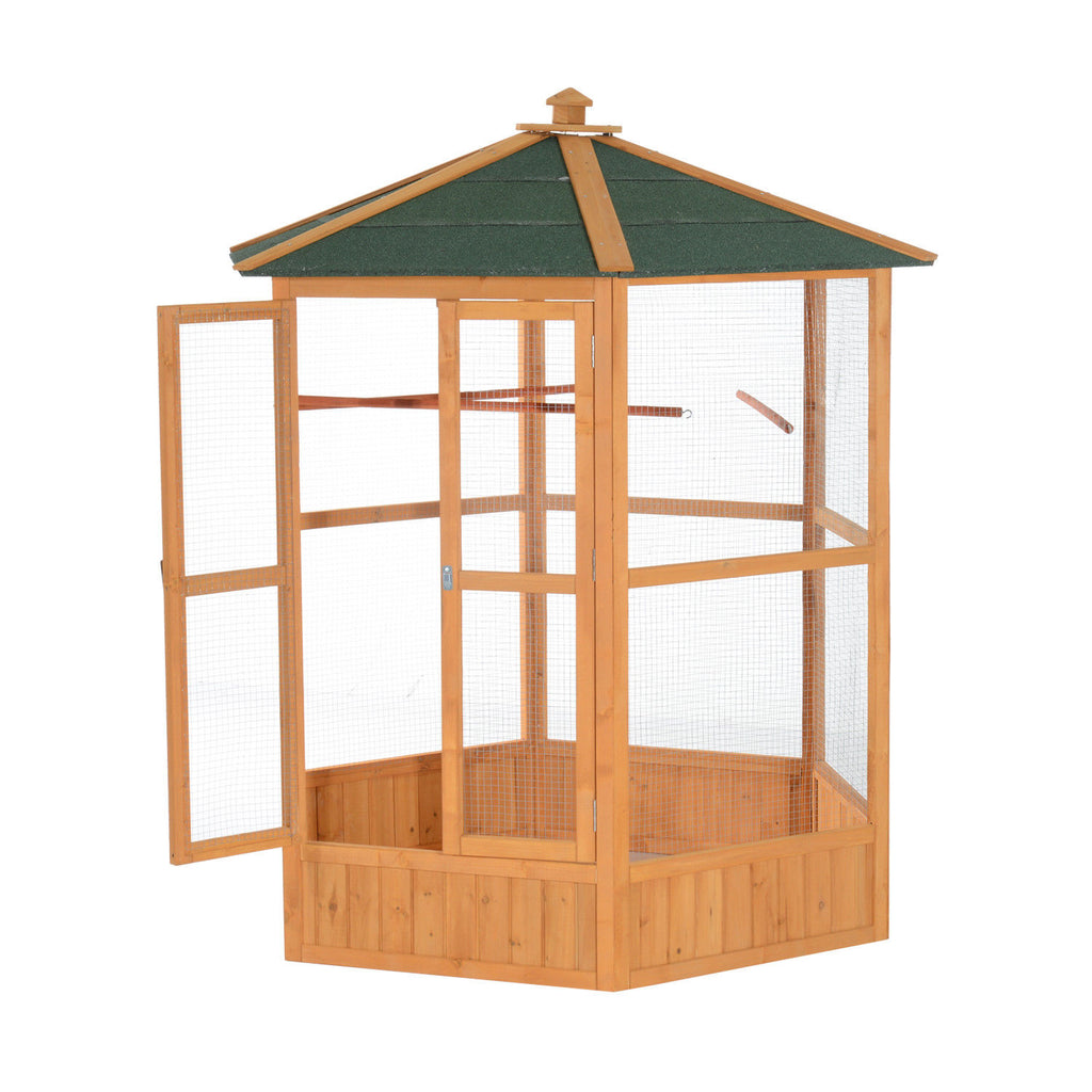 69" Wooden Hexagonal Outdoor Aviary Flight Bird Cage With Covered Roof, Brown