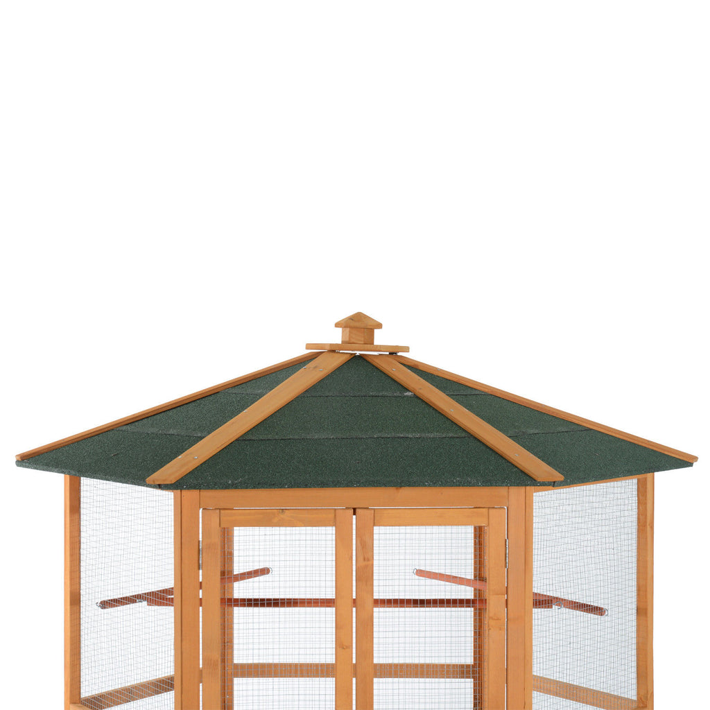69" Wooden Hexagonal Outdoor Aviary Flight Bird Cage With Covered Roof, Brown