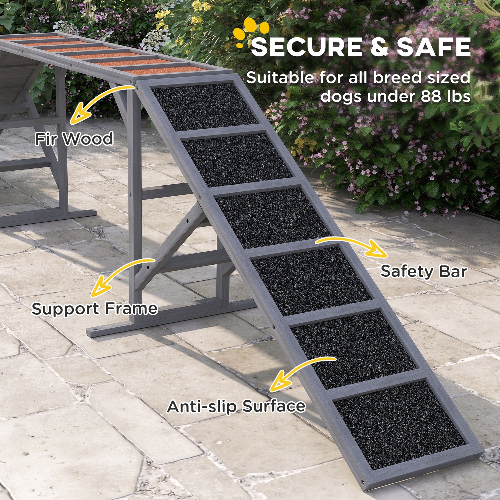 Dog Agility Equipment Ramp with Safety Bar, Non-slip Surface, for Walk and Pause Training, Gray