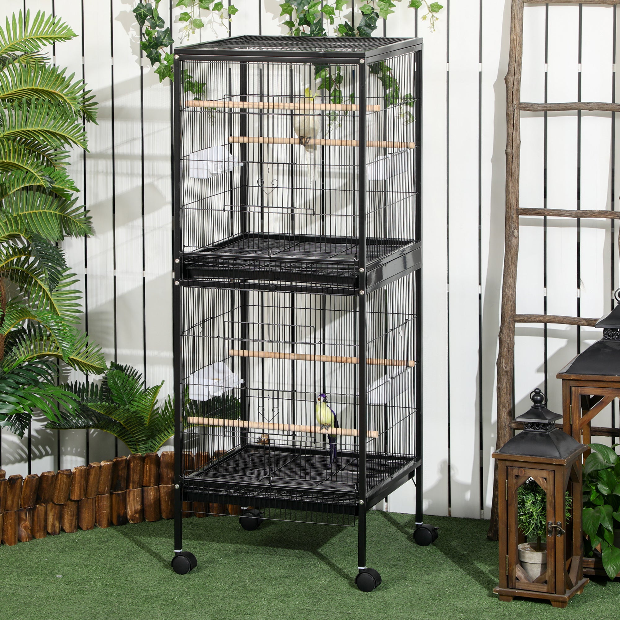 55" 2 In 1 Bird Cage Aviary Parakeet House for finches, budgies with Wheels, Black
