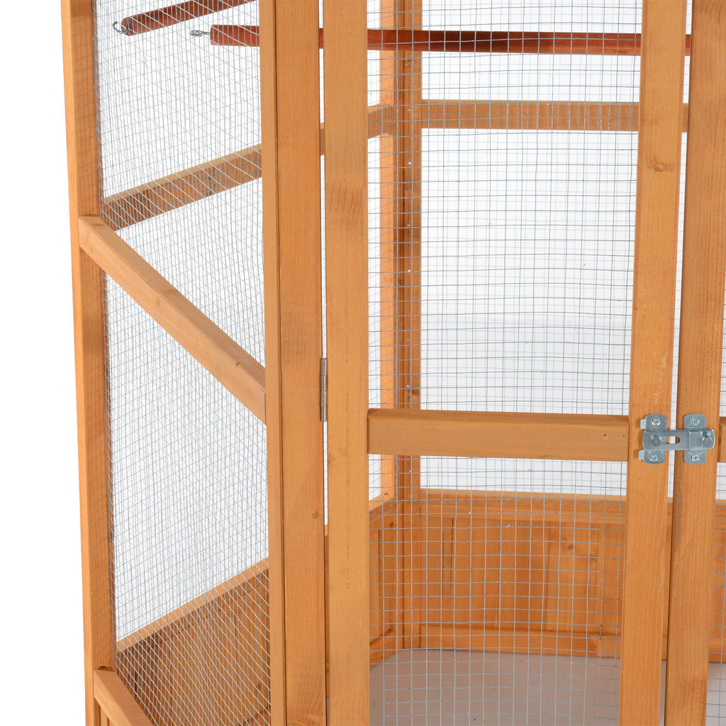 69" Wooden Hexagonal Outdoor Aviary Flight Bird Cage With Covered Roof, Brown