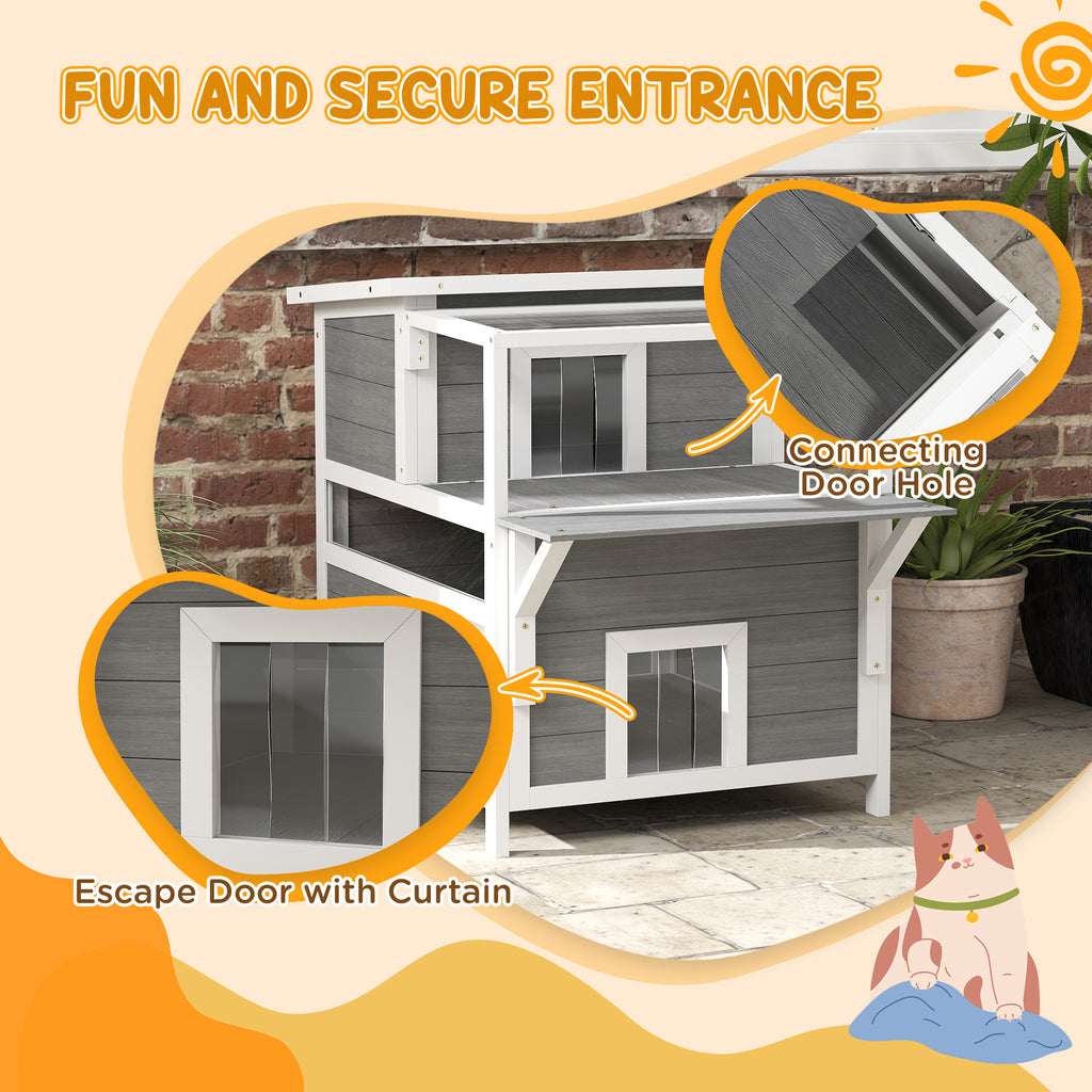 2-Story Wooden Cat House Outdoor with Balcony, Openable Top, Escape Door, Removable Panel & Floor, for Backyard, Outside
