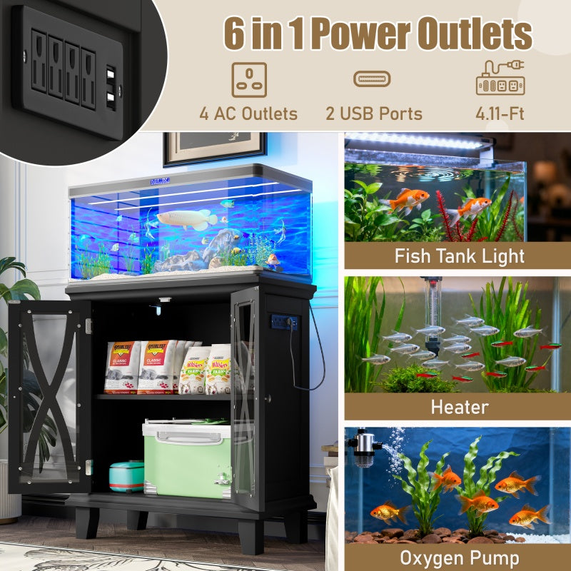 20-gallon Aquarium Rack With 4 AC Outlets And 2 USB Outlets, Farmhouse-style Decorative Aquarium Rack Furniture With Adjustable Shelves 10-20 Gallon Reptile And Turtle Rack With Cabinet Storage Space