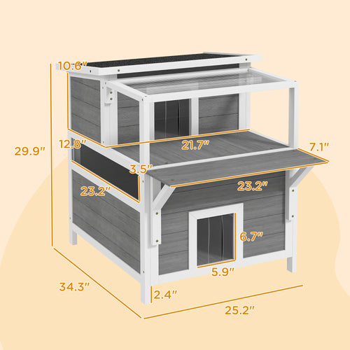 2-Story Wooden Cat House Outdoor with Balcony, Openable Top, Escape Door, Removable Panel & Floor, for Backyard, Outside