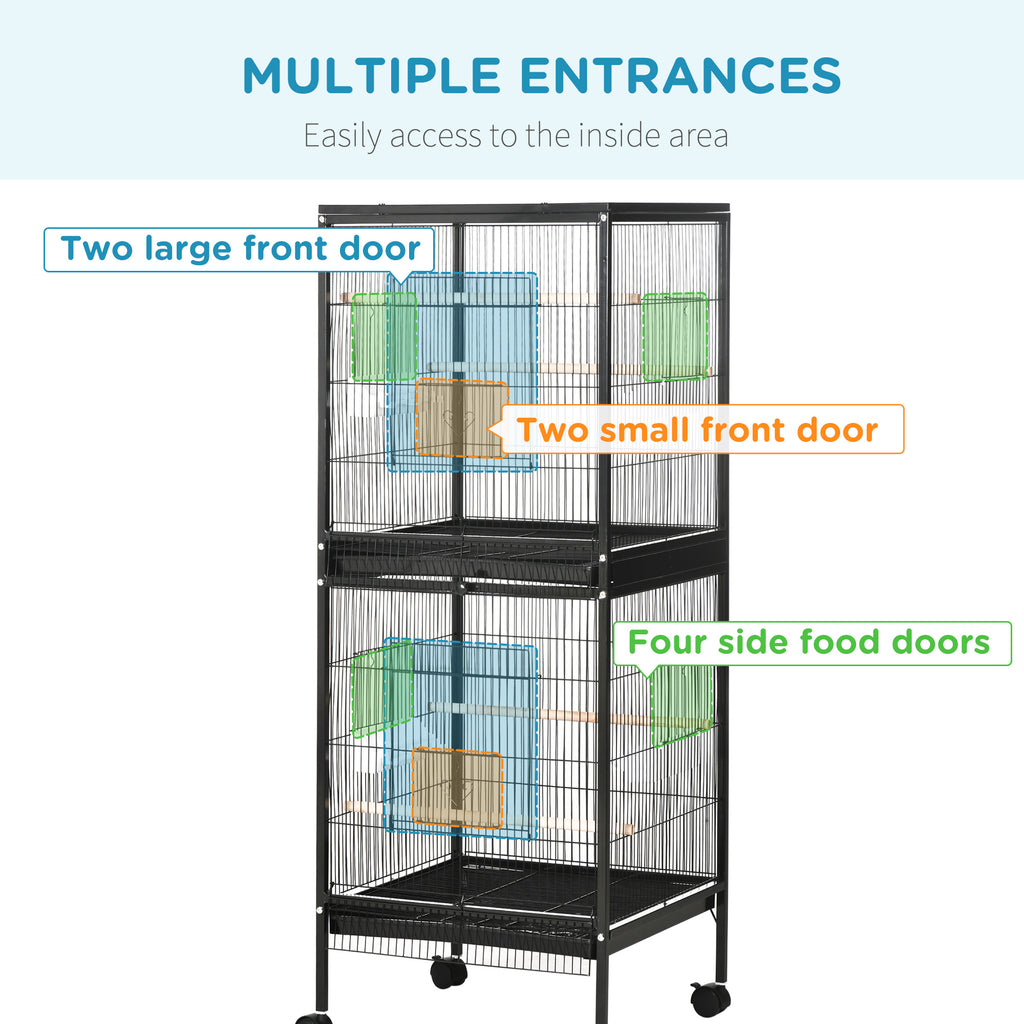 55" 2 In 1 Bird Cage Aviary Parakeet House for finches, budgies with Wheels, Black