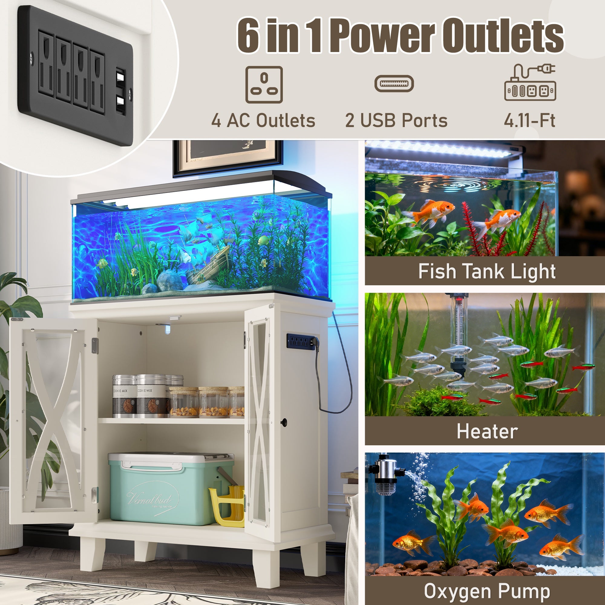 20-gallon Aquarium Rack With 4 AC Outlets And 2 USB Ports, Farmhouse-style Decorative Aquarium Rack Furniture With Adjustable Shelves 10-20 Gallon Reptile And Turtle Rack With Storage Cabinet, Beige.