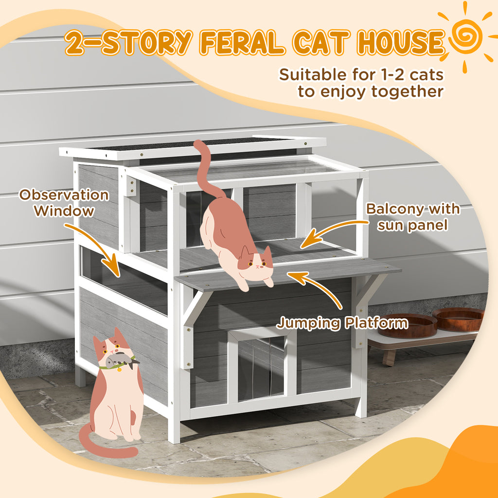 2-Story Wooden Cat House Outdoor with Balcony, Openable Top, Escape Door, Removable Panel & Floor, for Backyard, Outside