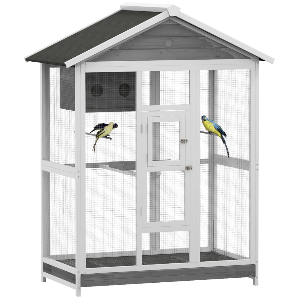 64.5" Wooden Bird Cage Aviary, Flight Cage with 4 Perches, Nest and Slide-Out Tray for Indoor/Outdoor, Gray