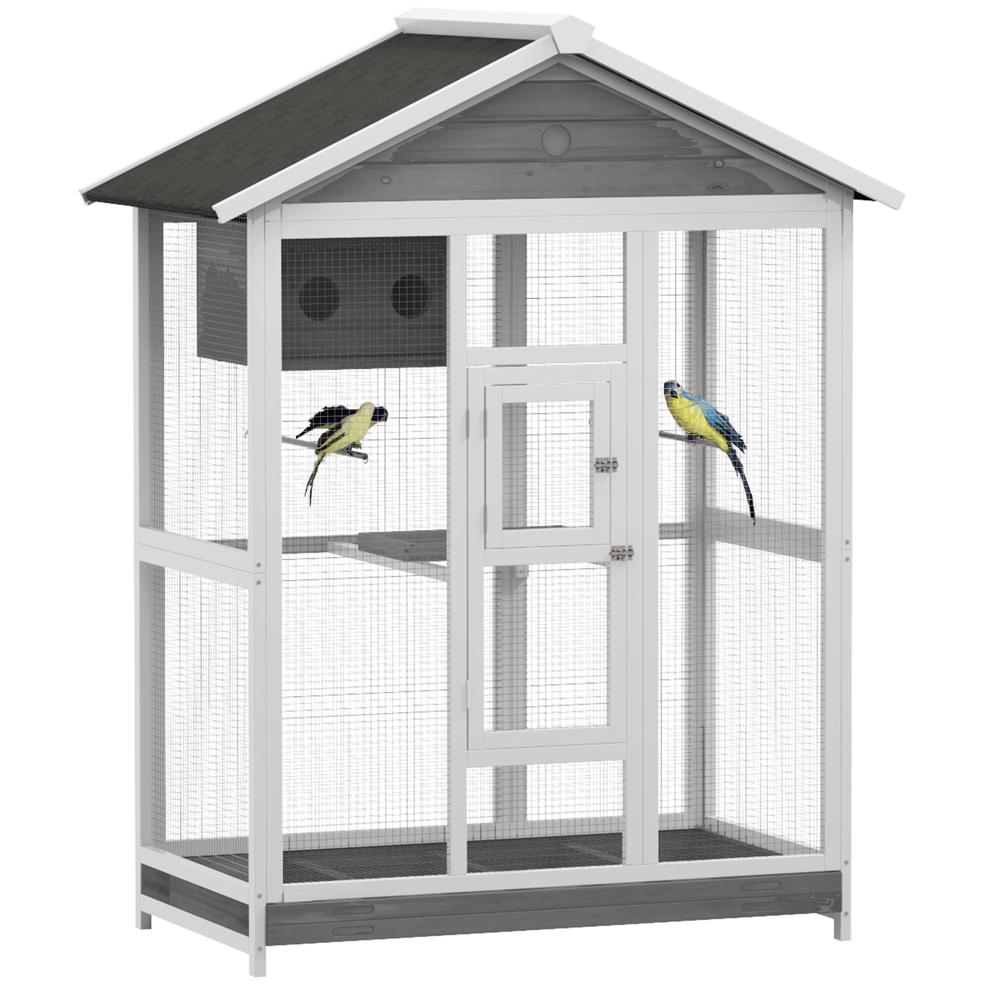64.5" Wooden Bird Cage Aviary, Flight Cage with 4 Perches, Nest and Slide-Out Tray for Indoor/Outdoor, Gray