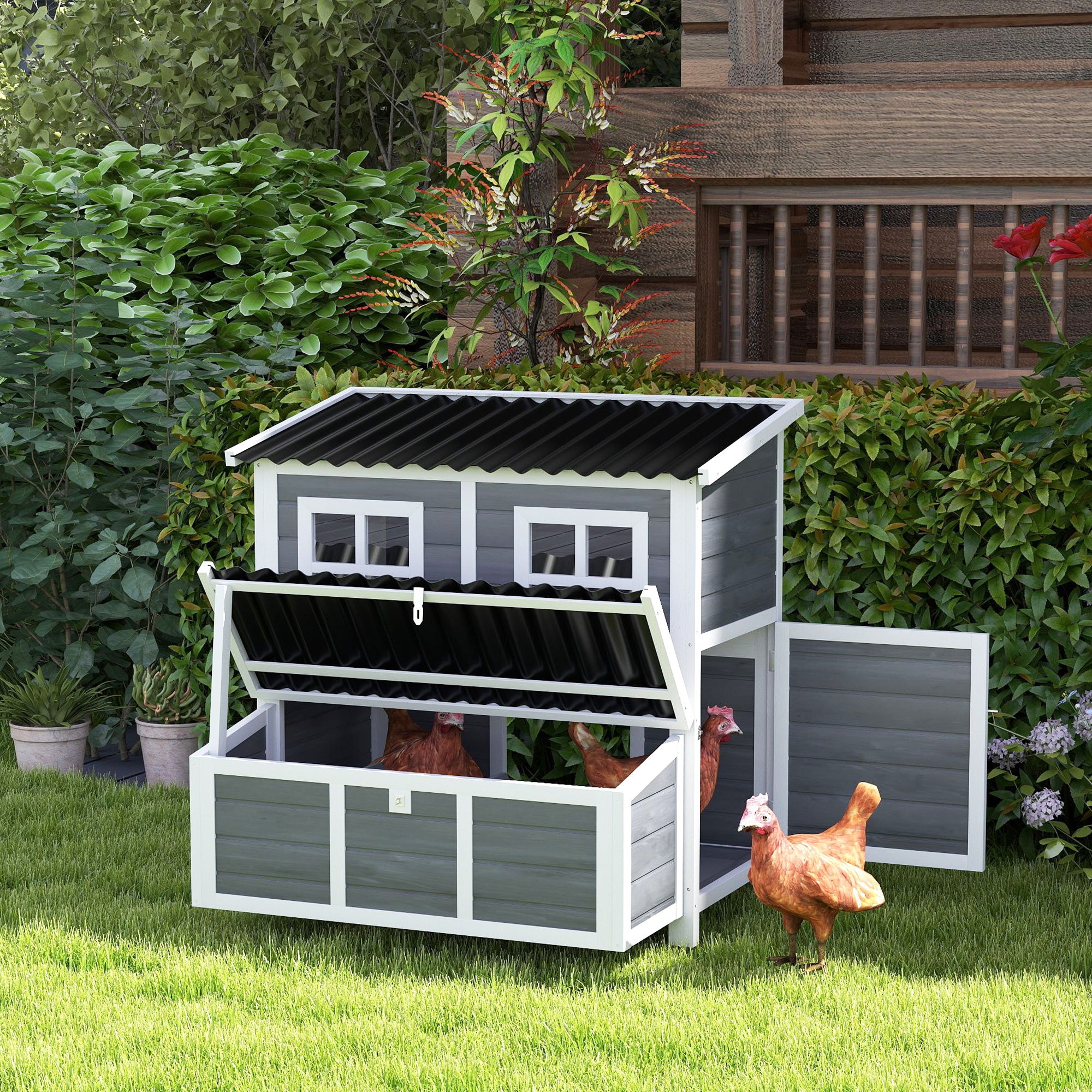 Wooden Chicken Coop with Nesting Box, Pull-Out Tray, Waterproof Roof, 39" Chicken House for 4-6 Chickens, Rabbits