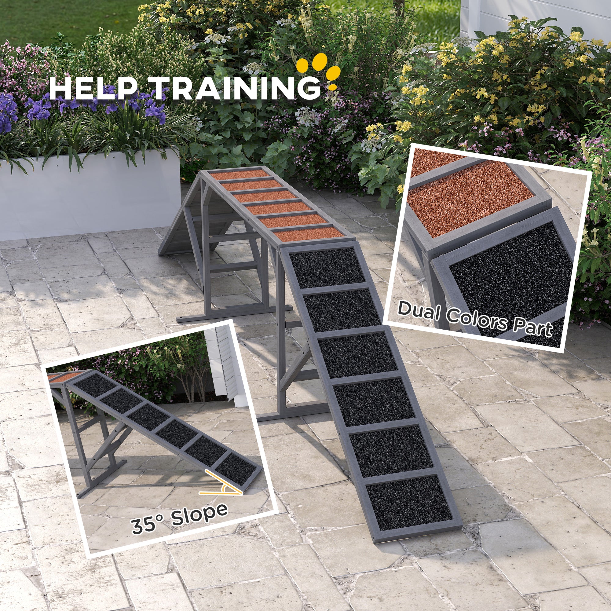 Dog Agility Equipment Ramp with Safety Bar, Non-slip Surface, for Walk and Pause Training, Gray