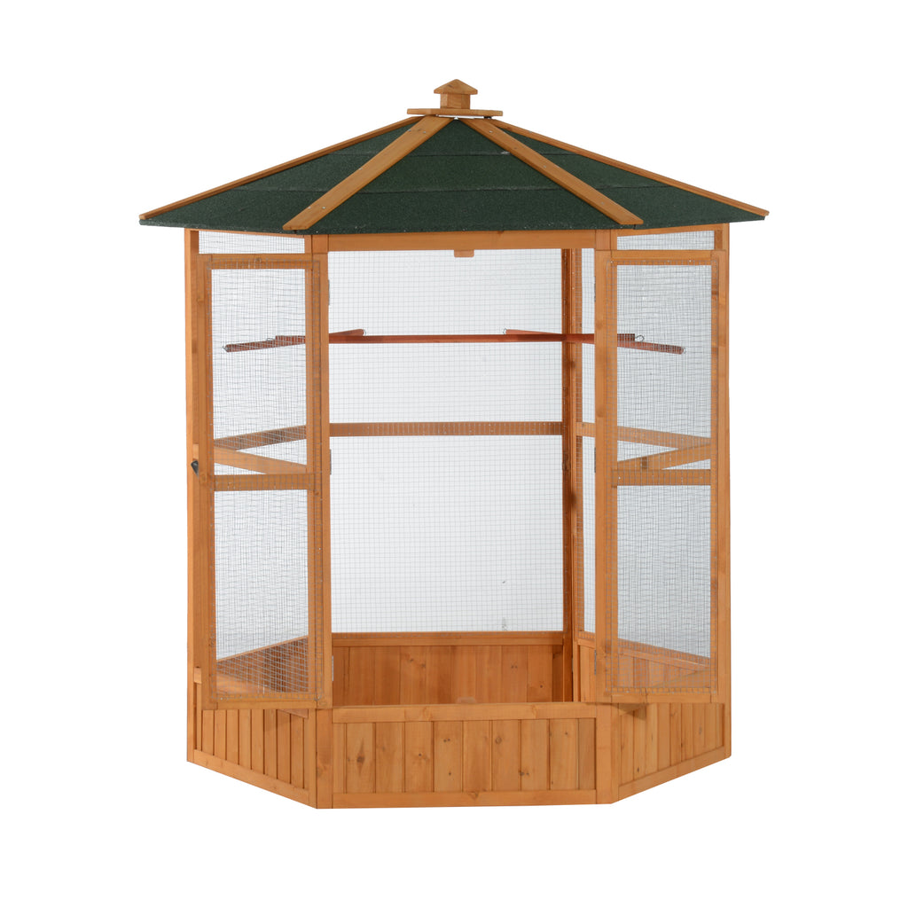 69" Wooden Hexagonal Outdoor Aviary Flight Bird Cage With Covered Roof, Brown