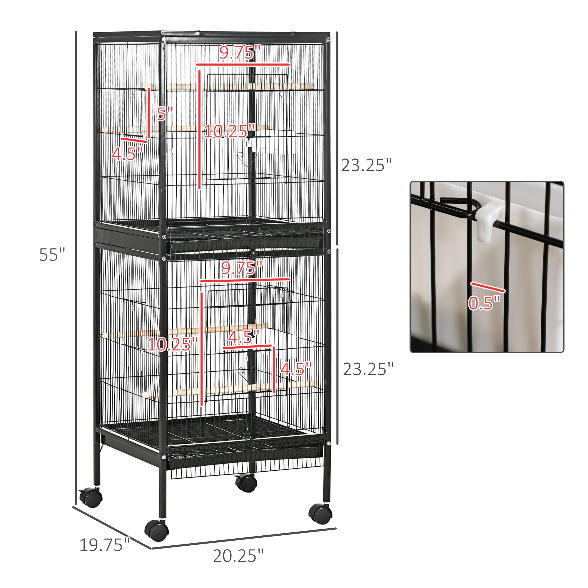 55" 2 In 1 Bird Cage Aviary Parakeet House for finches, budgies with Wheels, Black