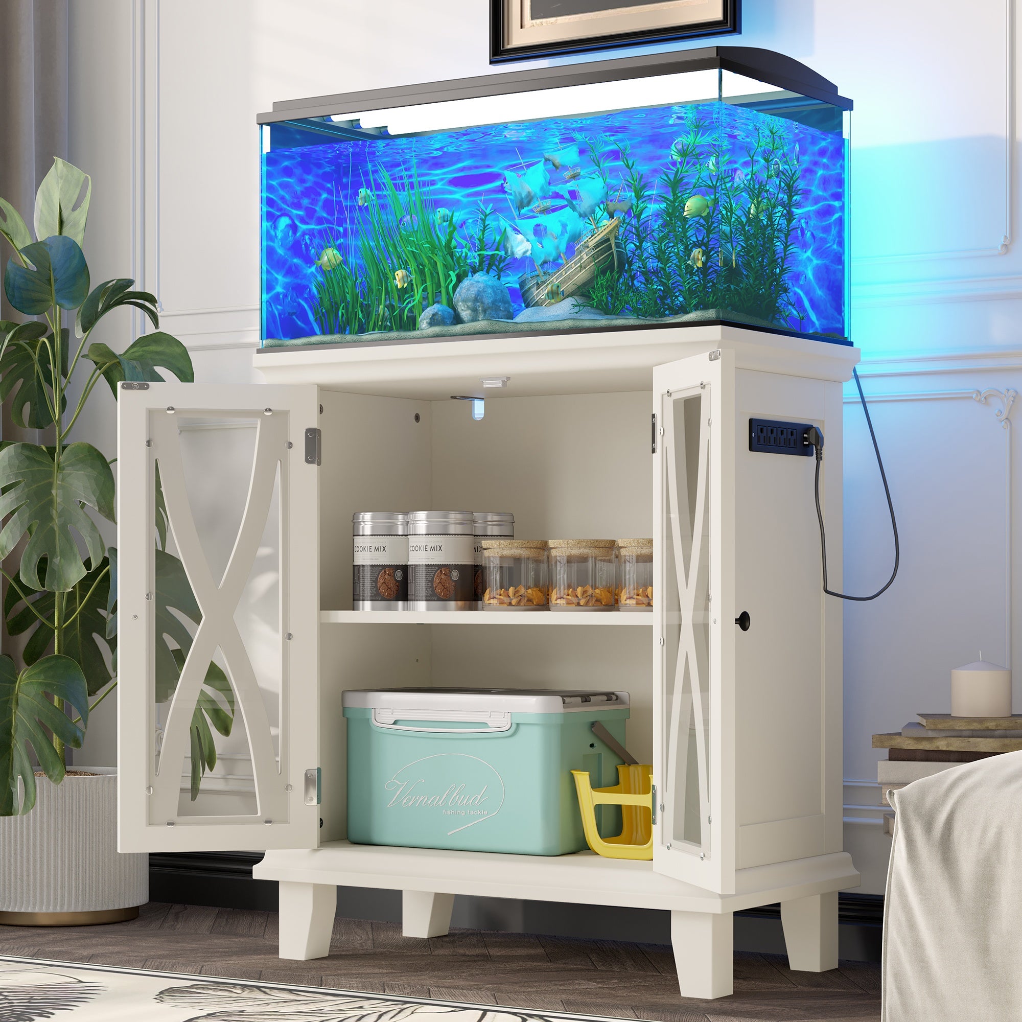 20-gallon Aquarium Rack With 4 AC Outlets And 2 USB Ports, Farmhouse-style Decorative Aquarium Rack Furniture With Adjustable Shelves 10-20 Gallon Reptile And Turtle Rack With Storage Cabinet, Beige.