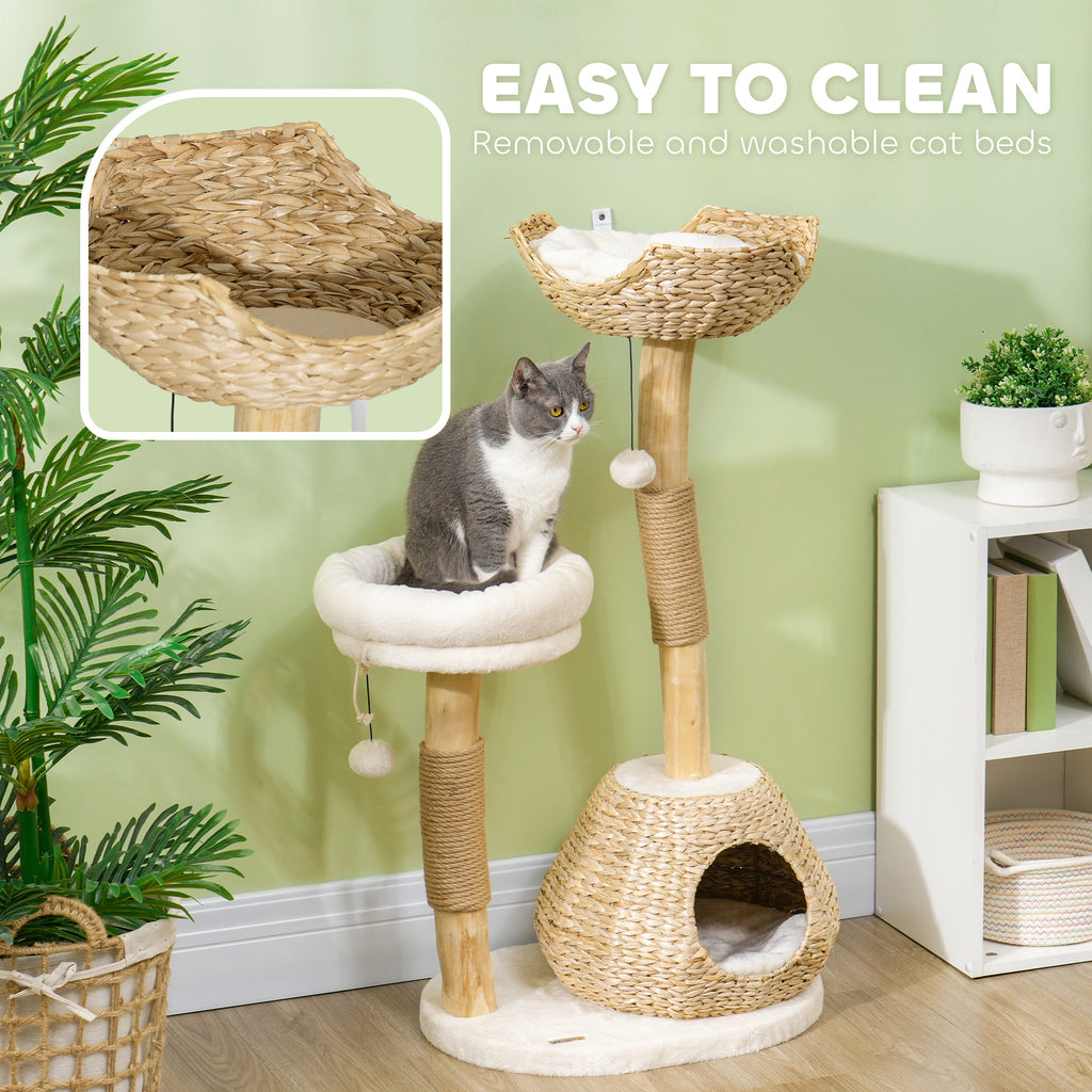 41" Cat Tree for Indoor Cats with Wooden Cat Scratching Posts, Cat Condo, Cat Beds & Toy Balls, Cream White