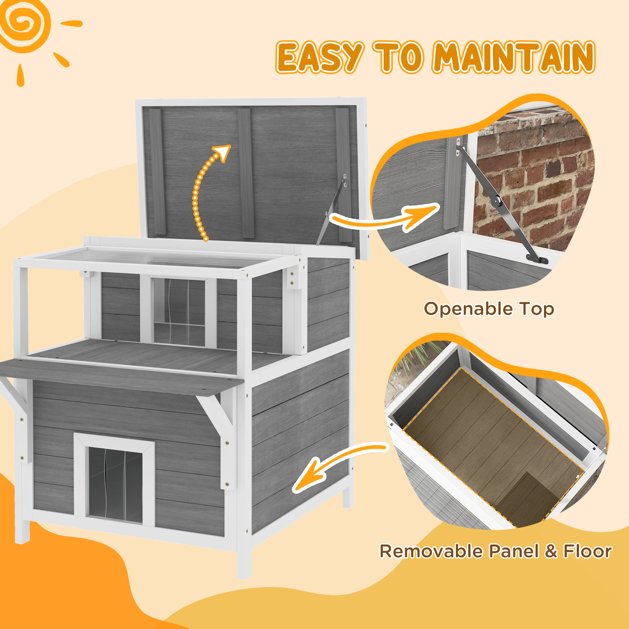 2-Story Wooden Cat House Outdoor with Balcony, Openable Top, Escape Door, Removable Panel & Floor, for Backyard, Outside