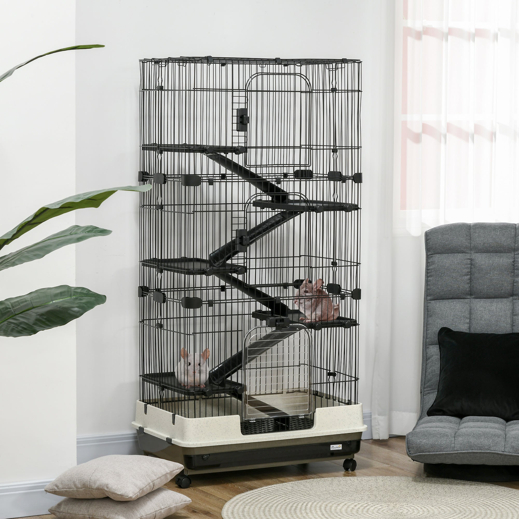 32L 6-Level Small Animal Cage Rabbit Hutch With Wheels Slide-out Tray Black For Bunny Chinchillas Ferret