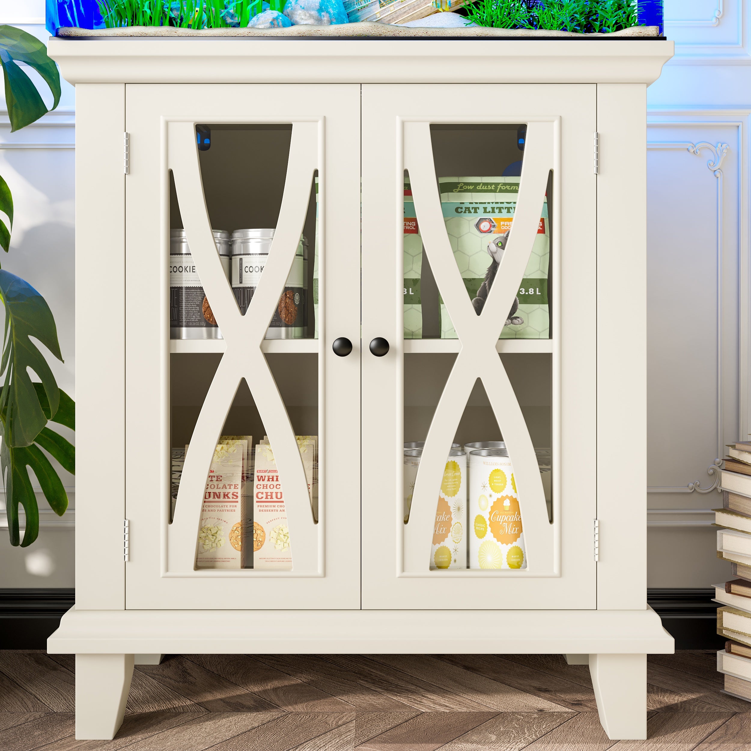 20-gallon Aquarium Rack With 4 AC Outlets And 2 USB Ports, Farmhouse-style Decorative Aquarium Rack Furniture With Adjustable Shelves 10-20 Gallon Reptile And Turtle Rack With Storage Cabinet, Beige.